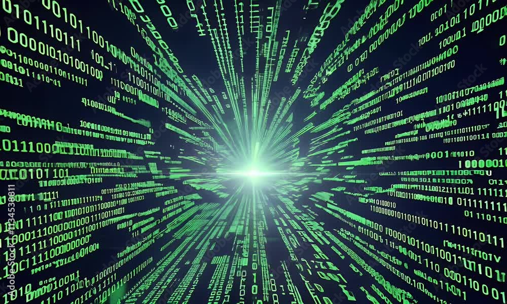 Leinwandbilder flying through dynamic binary code matrix animation with glowing green numbers cascading down a dark