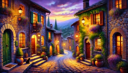 Naklejka premium Charming italian village at sunset with cobblestone street and illuminated houses