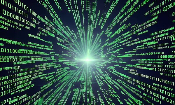 Flying through dynamic binary code matrix animation with glowing green numbers cascading down a dark cyberspace background, illustrating futuristic digital technology.