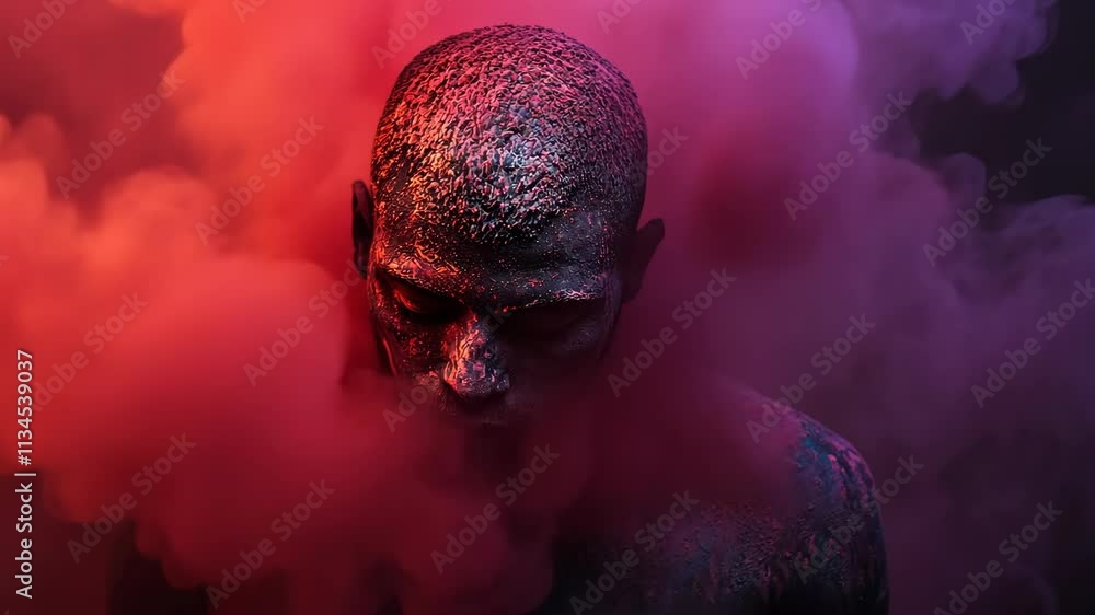 Poster dynamic display of color and form in artistic portrayal of a figure enveloped in vibrant smoke