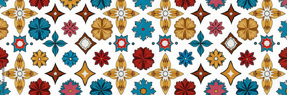 Poster a colorful pattern of flowers and stars. the flowers are in various colors and sizes, and the stars 