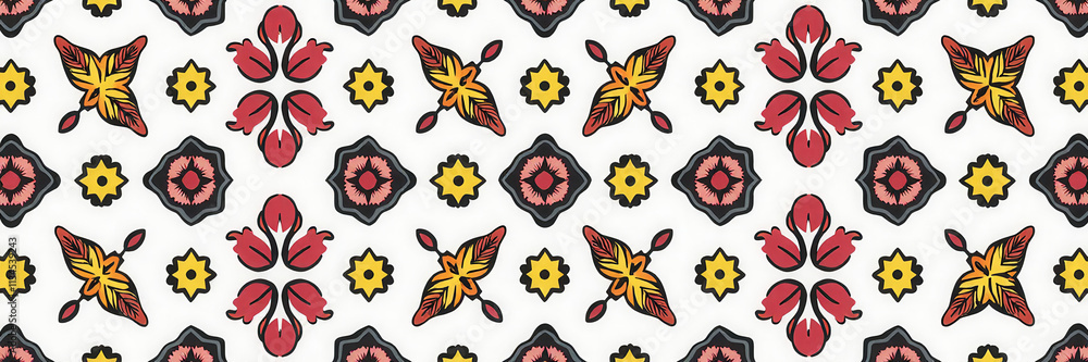 Poster a colorful pattern of flowers and leaves is displayed on a white background. the design is intricate