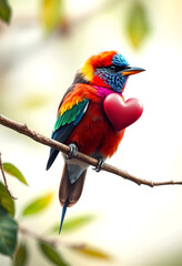 Fototapeta premium A colorful bird on a branch with a heart, showing the beauty of nature and bird love, hyperrealism, with white tones