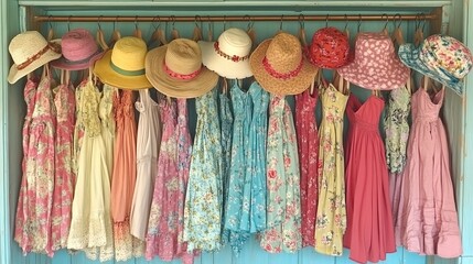 Colorful summer dresses and hats hang on display at a charming boutique in a coastal town
