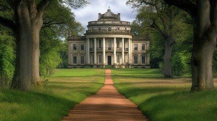 Obraz premium Elegant mansion at the end of a tree-lined path in a lush green landscape on a sunny day