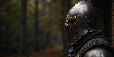 Medieval warrior in iron armor and helmet in a great battle.
