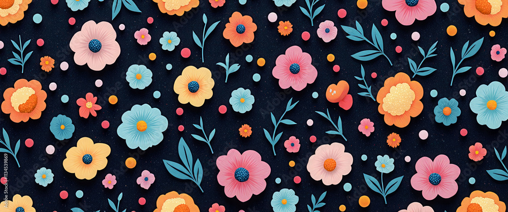 Poster a colorful floral pattern is displayed on a black background. the flowers are arranged in a way that