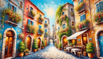 Naklejka premium Charming italian street with colorful buildings and blooming flowers painting
