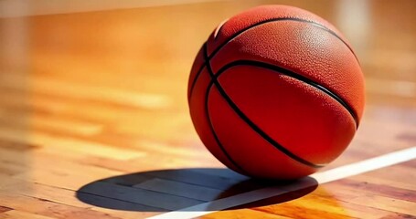 A vibrant orange basketball rests on the smooth wooden court of a dimly lit sports arena, set and ready for the upcoming game. 
