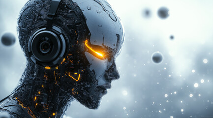 3D render of a close-up on the head and shoulders of an advanced humanoid robot. The face is made of black and gray circuitry with yellow neon lights in its eyes. It has headphones