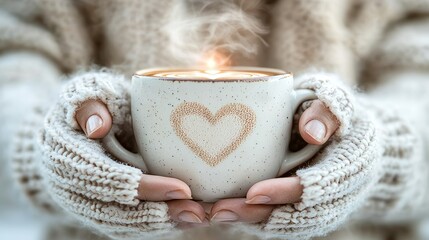 Close-up of hands holding a heart-shaped latte art cup, emphasizing coffee culture, warmth, and romantic ambiance in a café setting.
