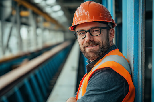 A portrait of an engineer wearing a high-visibility vest and hard hat, posing on the side of steel beams at an industrial site in England. He has a short beard, wears glasses, and