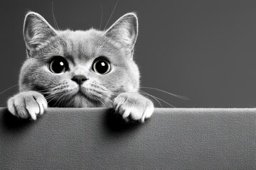 Cute gray cat with large eyes peeking over a gray surface in black and white photography