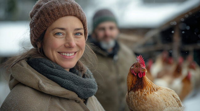 Portrait of a smiling woman farmer with chickens in the background, a man behind her holding a chicken in his hand, a farm life scene in the winter season, 