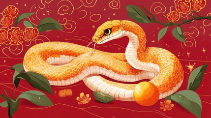 Obraz premium Happy Chinese New Year 2025,Year of the snake zodiac sign,Snake illustration and design,Asian elements gold paper cut style,Lunar new year concept,New Year card 2025.