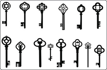 Vintage antique key silhouette black color, Medieval and modern keys, black vintage shapes set. Open door symbols, privacy and escape. Abstract tidy vector elements