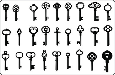 Vintage antique key silhouette black color, Medieval and modern keys, black vintage shapes set. Open door symbols, privacy and escape. Abstract tidy vector elements