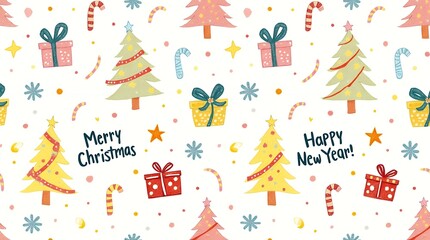 Christmas cards, New Year's cards, banners: Santa Claus, reindeer, Christmas trees, candles, cookies, chocolate, snowballs, snowmen, and more