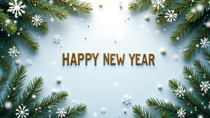Happy New Year golden text greeting. Concept of celebration, holiday, and winter.