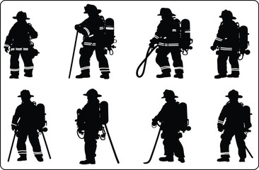 Vector Fire Fighters Silhouette Set , Fire Fighters Silhouettes in Black and White, Heroic Fire Fighters Vector Silhouettes