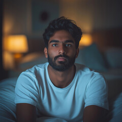 Obraz premium A photograph of an attractive Indian man with a beard, wearing a white t-shirt, sitting on a bed in a bedroom at night, with soft lighting. This is a portrait photograph, captured