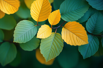 Obraz premium Vibrant leaves showcase a blend of green and yellow hues under soft autumn light. Generative AI