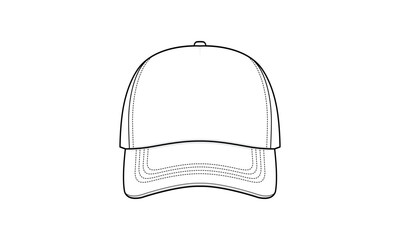 Trucker Cap technical fashion illustration. trucker cap vector template illustration. Front view. structured cap. curved brim. adjustable strap. unisex. white color. CAD mockup.