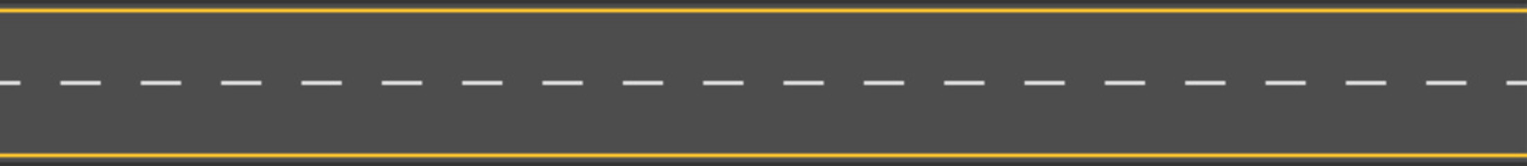 Horizontal vector illustration of a straight gray road with white dashed lines and glowing yellow edges, creating a sense of perspective and journey © Tartila