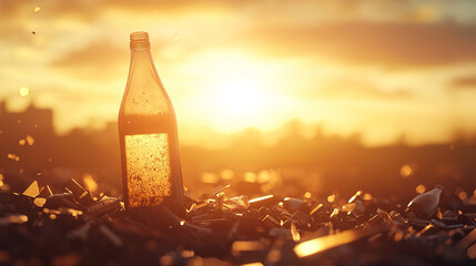 glass bottle stands amidst scattered debris, illuminated by warm sunset, evoking sense of environmental awareness and beauty