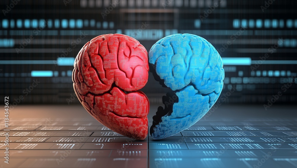 Poster heart split in two, one side red and the other blue with brain patterns, symbolizing love for artifi