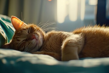 Peaceful Orange Cat Sleeping Comfortably on Soft Bed with Warm Sunlight Streaming In
