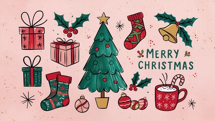 Christmas cards, New Year's cards, banners: Santa Claus, reindeer, Christmas trees, candles, cookies, chocolate, snowballs, snowmen, and more