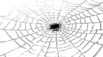 Obraz premium Delicate spiderweb with water droplets, intricate design, morning dew, close-up view.