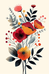 Modern illustration of a vibrant floral bouquet with various flowers, leaves, and botanical elements