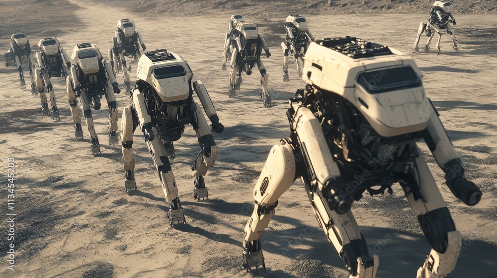 Poster quadrupedal robot squad: a pack of advanced quadrupedal robots marches across a desolate landscape, 