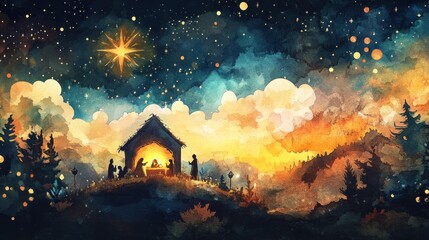 Nativity scene under starry sky, watercolor effect.