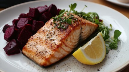 Healthy Nordic dinner: roasted salmon, beetroot salad, and a lemon wedge