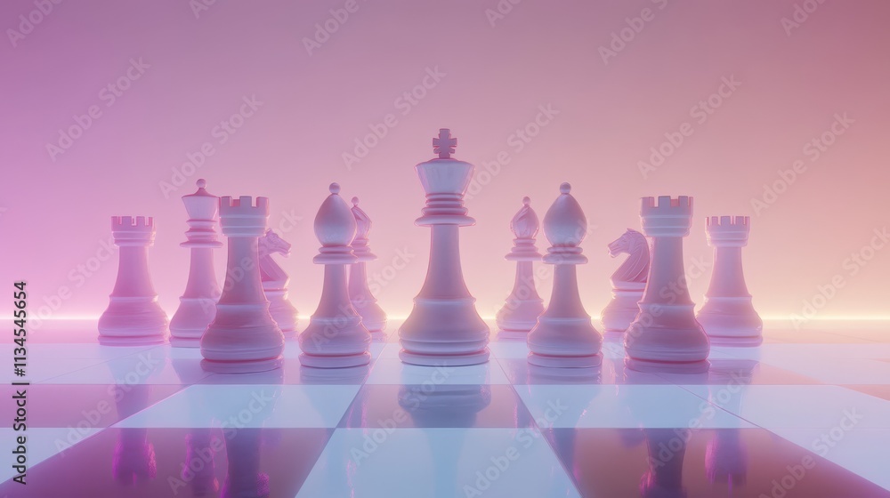 Poster chessboard strategy: a surreal and minimalist depiction of a chess game in progress, with white piec