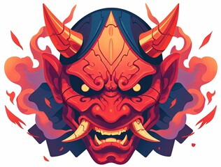 Fiery Japanese Oni mask with horns and fangs.