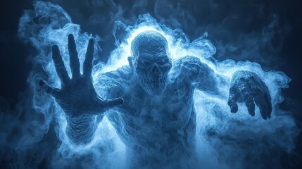 A ghostly figure emerges from swirling blue mist, reaching out with an eerie presence that evokes mystery and intrigue.