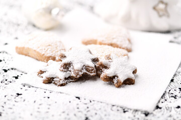 Christmas cookies on bright background. Soft focus. Close up