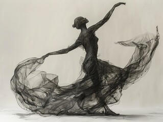 Elegant monochromatic figure of a dancer captured in motion, surrounded by flowing fabric, embodying grace and artistry against a soft, neutral background that enhances the dynamic silhouette.
