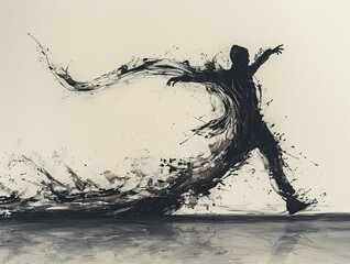 Dynamic and expressive abstract depiction of a dancer in motion, created with bold strokes and splashes of black ink, conveying a sense of flow and energy against a soft, neutral background.
