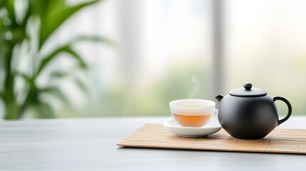 Fototapeta premium Traditional tea ceremony setting with bamboo mat and handcrafted teapot, National Hot Tea Month tribute