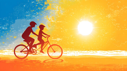 Fototapeta premium A colorful silhouette of two cyclists riding together against a vibrant sunset backdrop, symbolizing adventure and connection