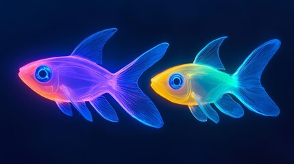 Neon Fish Duo: Two vibrant, glowing fish, one blue-pink and the other teal-yellow, swim side-by-side against a dark blue backdrop. Their translucent bodies and bright colors create a captivating.