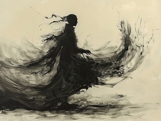 Striking abstract portrayal of a dancer capturing the essence of movement and energy, with flowing black ink swirling dramatically around a silhouetted figure, set against a soft, neutral background.
