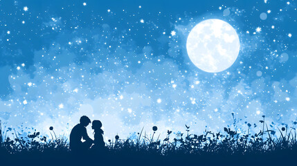 Obraz premium A romantic silhouette of a couple under a full moon, surrounded by a dreamy blue sky and twinkling stars