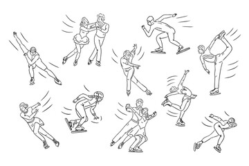 Line art illustrations of ice skaters performing various moves, including figure skating, pair dancing, and speed skating, in dynamic and minimalist style. Vector hand drawn drawing isolated