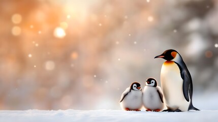 Fototapeta premium Penguin family huddled together against a snowy landscape, heartwarming National Penguin Day moment